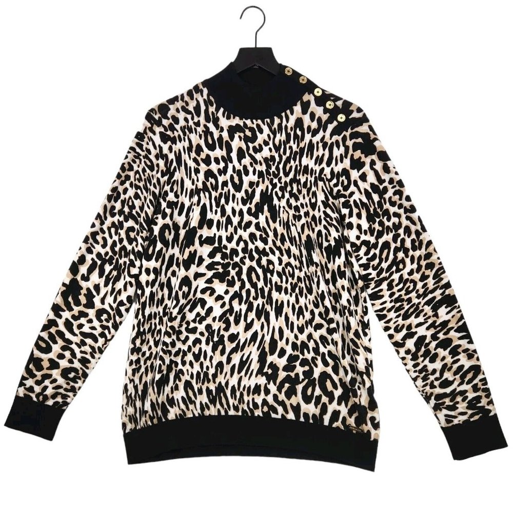 Calvin Klein Women's Animal Print Sweater Size Large Mock Neck Leopard Mob Wife